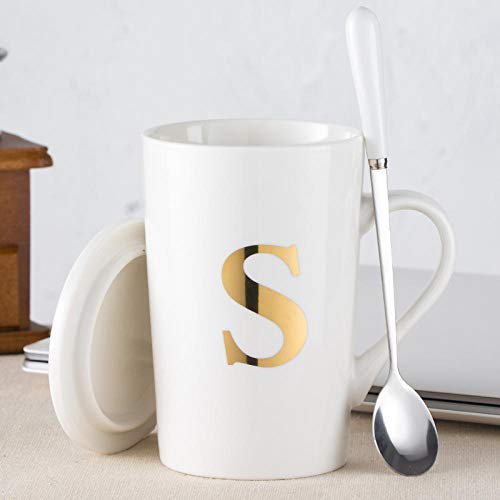 wwttoo Taza de cerámica Creativa Personalidad Taza de Estudiante con Tapa Cuchara Pareja Taza Cartas Oficina Taza de café S_500Ml