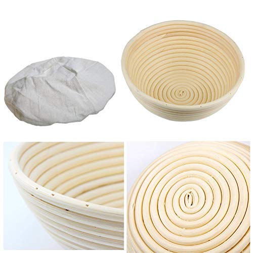 WYCY 12"Banneton Brotform Redonda Cuenco para Masas Tazón de Ratán Natural para Masa y Pan Proteico (con Raspador Cortador Curvo Cepillo de Silicona Forro de Tela) (30CM)