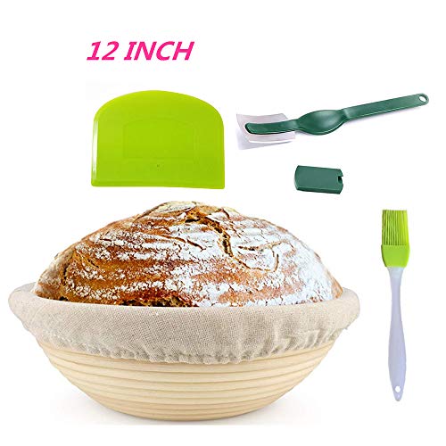 WYCY 12"Banneton Brotform Redonda Cuenco para Masas Tazón de Ratán Natural para Masa y Pan Proteico (con Raspador Cortador Curvo Cepillo de Silicona Forro de Tela) (30CM)