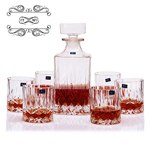 WY&WY Decantador de Whisky Set de 7 Piezas Decantador de Vidrio sin Plomo, (700 ml) Elegante Jarra de Whisky con tapón Adornado y 6 exquisitos Vasos de cóctel para Fiestas Familiares