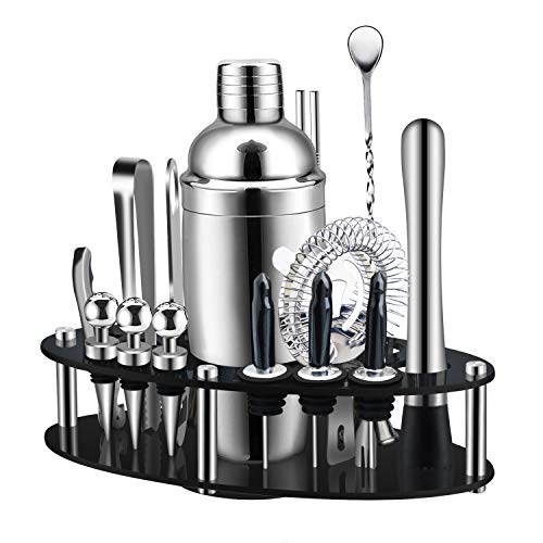 X-cosrack Juego de Coctelera,Set de Coctelería de 19 Piezas con Soporte Giratorio de Pantalla Ovall,SS304 Kit de Barman Premium de Acero Inoxidable para Hogar, Bar, Fiesta, Elección