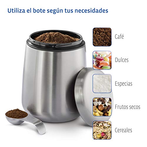 Xavax Bote para café molido o en granos, recipiente hermético para conservar el aroma, bote de almacenamiento de acero inoxidable plateado y cuchara medidora, 1,8 L