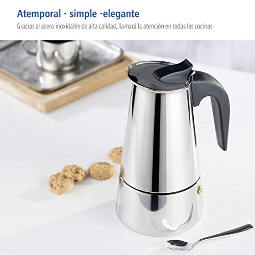 Xavax Cafetera espresso para 6 tazas de café aromático, cafetera para inducción, gas, cocina eléctrica o vitrocerámica, cafetera de acero inoxidable plateada