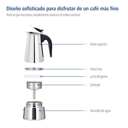 Xavax Cafetera espresso para 6 tazas de café aromático, cafetera para inducción, gas, cocina eléctrica o vitrocerámica, cafetera de acero inoxidable plateada