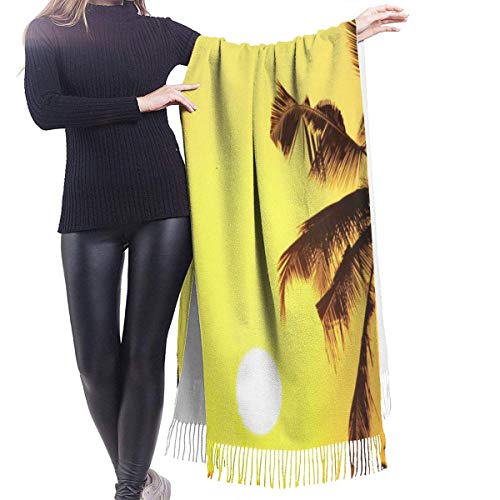 XCNGG Bufanda con flecos de cachemira de imitación chal bufanda larga de moda Scarf Cocoa Palm Tree Coconut And Sun Set Womens Warm Long Shawl Wraps Large Knit Cashmere Feel Scarves