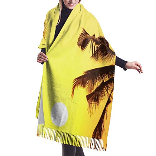 XCNGG Bufanda con flecos de cachemira de imitación chal bufanda larga de moda Scarf Cocoa Palm Tree Coconut And Sun Set Womens Warm Long Shawl Wraps Large Knit Cashmere Feel Scarves