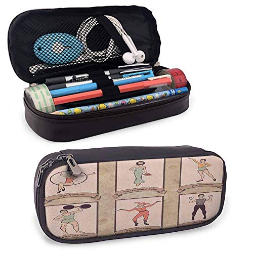 XCNGG Estuche para lápices y bolígrafos de circo, personajes de circo vintage, acróbata, mujer barbuda, gimnasta, hombre fuerte, arlequín, mimo, arte, lápices de colores, estuche, rosa, beige