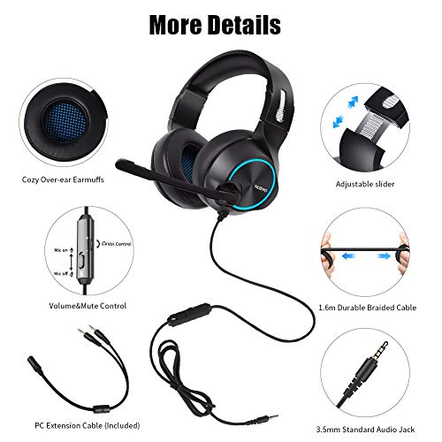 XHN Gaming Headset para PS4, Xbox One, PC, Nintendo Switch, portátil teléfono móvil -Auriculares estéreo Surround Gaming Micrófono, luz LED y orejeras suaves-4