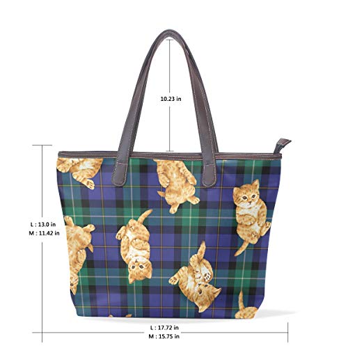 XiangHeFu Bolsos de mujer Cute Cat Tartan Tote PU Leather