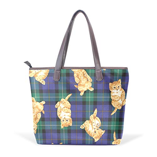 XiangHeFu Bolsos de mujer Cute Cat Tartan Tote PU Leather