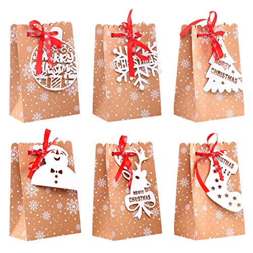 Xiangmall 24 Bolsas Papel Kraft Navidad Reutilizable Cajas de Regalo de Navidad con Seis Diferentes Etiqueta de Navidad para Navidad Regalos Dulces Galletas