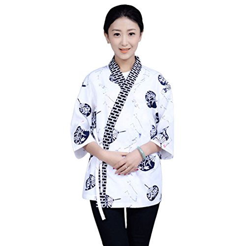 Xianheng Uniforme de Cocinero Kimono Camarero Chaqueta de Trabajo de Estilo Japónes Coreano Blanco 1XL