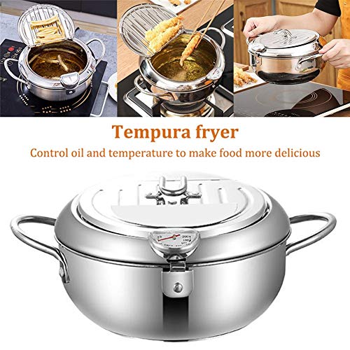 XIAOTIAN Freidora Tempura, Estufa De Gas De Material 304 con Termómetro Y Tapa Cocina De Inducción Olla Tempura Freidora Apto, para Sartén, 20.5cm