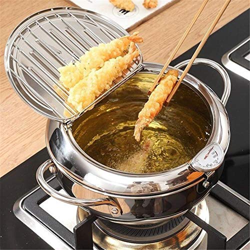 XIAOTIAN Freidora Tempura, Estufa De Gas De Material 304 con Termómetro Y Tapa Cocina De Inducción Olla Tempura Freidora Apto, para Sartén, 20.5cm