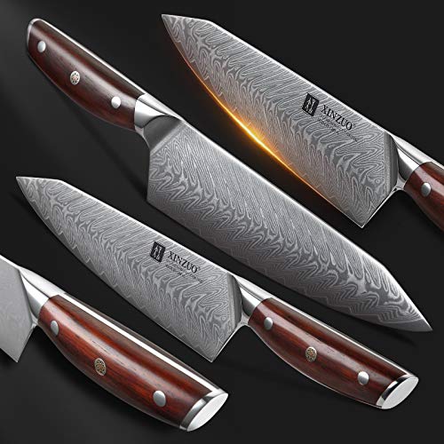 XINZUO 21cm Acero de Damasco Cuchillo Chef, Súper Acero Japonés Cuchillo de Cocinero Multifuncionales Afilado Gyuto Tratamiento Térmico al Vacío con Ergonómico Mango de Rosewood -Yi Serie