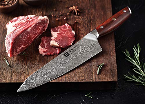 XINZUO 21cm Acero de Damasco Cuchillo Chef, Súper Acero Japonés Cuchillo de Cocinero Multifuncionales Afilado Gyuto Tratamiento Térmico al Vacío con Ergonómico Mango de Rosewood -Yi Serie