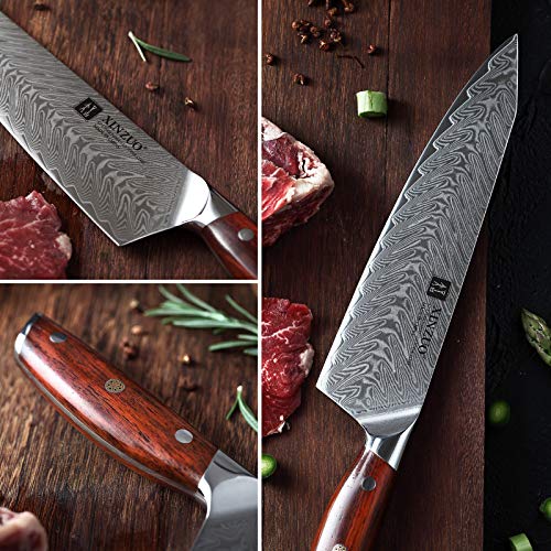 XINZUO 21cm Acero de Damasco Cuchillo Chef, Súper Acero Japonés Cuchillo de Cocinero Multifuncionales Afilado Gyuto Tratamiento Térmico al Vacío con Ergonómico Mango de Rosewood -Yi Serie