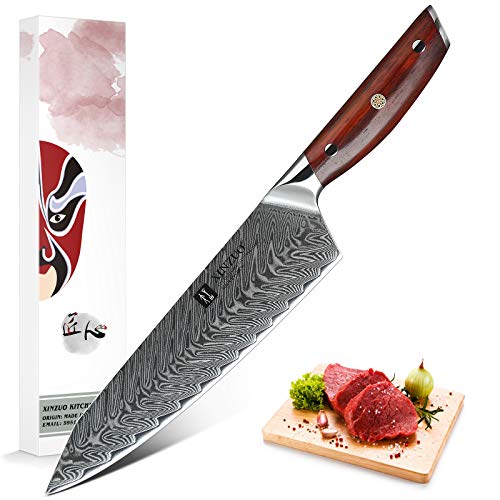 XINZUO 21cm Acero de Damasco Cuchillo Chef, Súper Acero Japonés Cuchillo de Cocinero Multifuncionales Afilado Gyuto Tratamiento Térmico al Vacío con Ergonómico Mango de Rosewood -Yi Serie