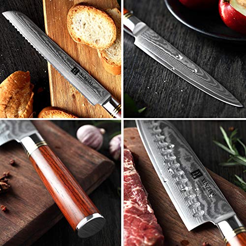 XINZUO 5 Piezas Set Cuchillo Cocina de Acero Damascus,Forjado Afilado Cuchillo de Cocinero VG10 Acero Cuchillo Chef Santoku Universal Fruta Cuchillo de Pan con Ergonómico Mango de Rosewood –H Serie