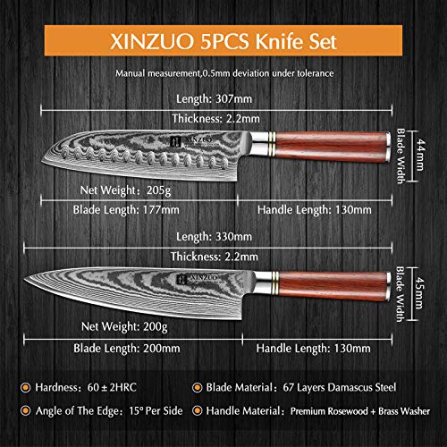 XINZUO 5 Piezas Set Cuchillo Cocina de Acero Damascus,Forjado Afilado Cuchillo de Cocinero VG10 Acero Cuchillo Chef Santoku Universal Fruta Cuchillo de Pan con Ergonómico Mango de Rosewood –H Serie