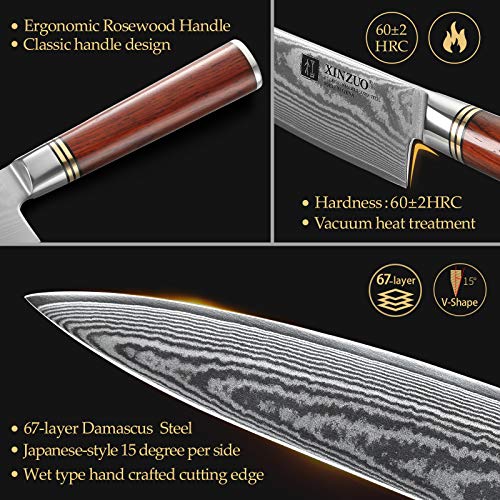 XINZUO 5 Piezas Set Cuchillo Cocina de Acero Damascus,Forjado Afilado Cuchillo de Cocinero VG10 Acero Cuchillo Chef Santoku Universal Fruta Cuchillo de Pan con Ergonómico Mango de Rosewood –H Serie