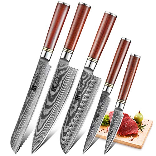 XINZUO 5 Piezas Set Cuchillo Cocina de Acero Damascus,Forjado Afilado Cuchillo de Cocinero VG10 Acero Cuchillo Chef Santoku Universal Fruta Cuchillo de Pan con Ergonómico Mango de Rosewood –H Serie