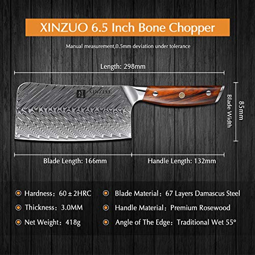 XINZUO Acero de Damasco Cuchillo de Cocina Chino, 16.6cm Forjado Cuchillo de Carnicero Cuchillo Chef, Restaurante de Cocina Profesional Cortando Carne, con Ergonómico Rosewood Mango - Yi Serie