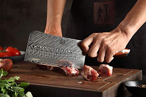 XINZUO Acero de Damasco Cuchillo de Cocina Chino, 16.6cm Forjado Cuchillo de Carnicero Cuchillo Chef, Restaurante de Cocina Profesional Cortando Carne, con Ergonómico Rosewood Mango - Yi Serie