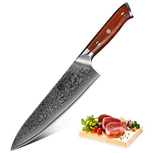 XINZUO Cuchillo de Cocina 21cm de Acero Damasco Japonés 67 Capas Profesional Gyuto Cuchillo de Cocinero con Rosewood Mango - Yu Serie