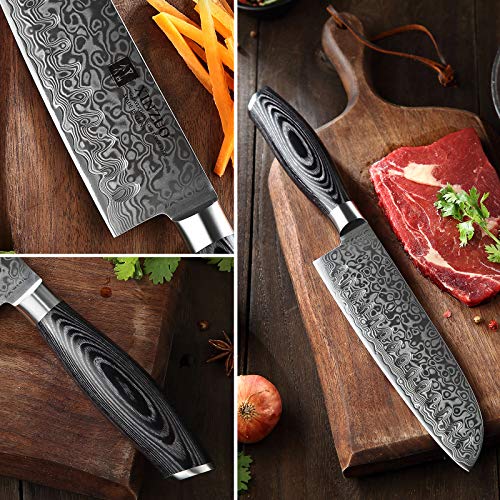 XINZUO Cuchillo de Santoku Cocina 17,8cm de Acero Damasco Japonés 67 Capas Profesional Cuchillo de Chef con Pakkawood Mango - Ya Serie