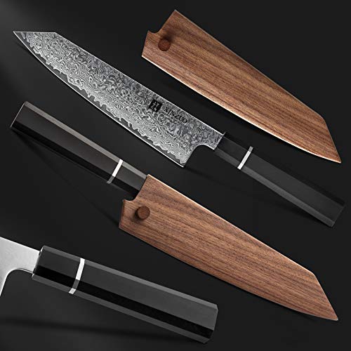 XINZUO Kiritsuke Cuchillo de Chef de Acero de Damasco 21cm Cuchillo de Cocinero- Japonés Bunka Cuchillo de Cocina Afilado Gyuto Profesional - Octágono Ergonómico Mango de ébano-con Vaina de Madera