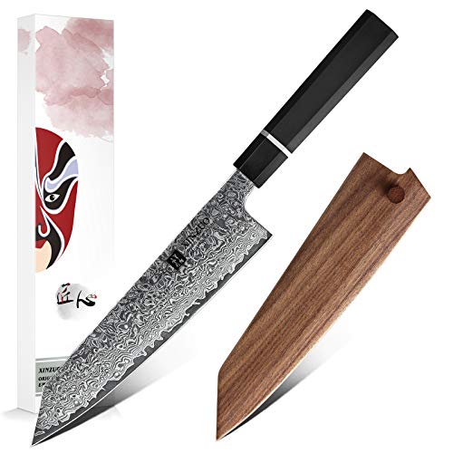 XINZUO Kiritsuke Cuchillo de Chef de Acero de Damasco 21cm Cuchillo de Cocinero- Japonés Bunka Cuchillo de Cocina Afilado Gyuto Profesional - Octágono Ergonómico Mango de ébano-con Vaina de Madera