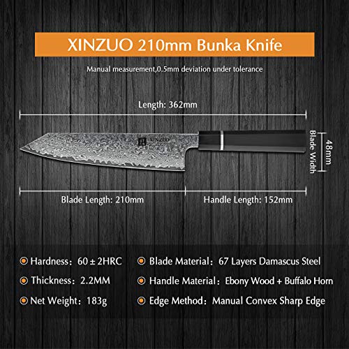 XINZUO Kiritsuke Cuchillo de Chef de Acero de Damasco 21cm Cuchillo de Cocinero- Japonés Bunka Cuchillo de Cocina Afilado Gyuto Profesional - Octágono Ergonómico Mango de ébano-con Vaina de Madera