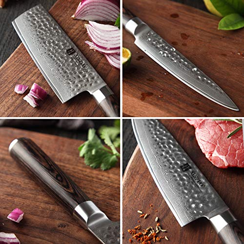 XINZUO Set Cuchillo Cocina 5 Piezas Damasco Japonés 67 Capas Profesional Cuchillo Chef 20cm Cuchillo Santoku Nakiri Cuchillo Uso Cuchillos Pelar con Pakkawood Mango - He Serie