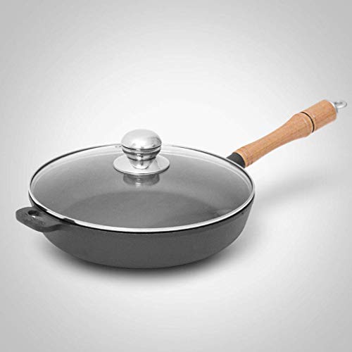 XIUYU 28.5cm de Hierro Fundido Cacerola del Saltar con Tapa de Vidrio, Antiadherente Profunda sartén con Mango Chefacute; s sartén Utensilios de Cocina