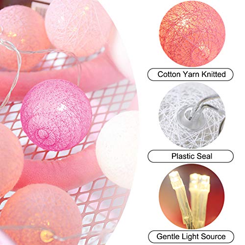 XIYUNTE Bola de algodón Guirnaldas luminosas - 9.8FT / 20LED blanco y rosa bola de algodón (φ4cm) Iluminación de Navidad de interior, Luces hadas decor de interior para Navidad