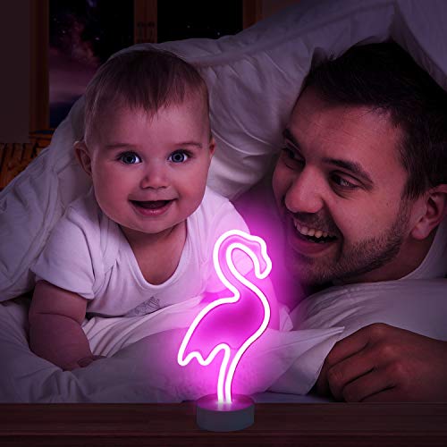 XIYUNTE Flamenco Señales luminosas neón Luz de noche,Rosa flamenco luces de neón Lámparas Iluminación infantil Dormitorio Decoración, Bateria powered Luces de noche con pedestal Lámparas de escritorio