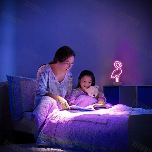 XIYUNTE Flamenco Señales luminosas neón Luz de noche,Rosa flamenco luces de neón Lámparas Iluminación infantil Dormitorio Decoración, Bateria powered Luces de noche con pedestal Lámparas de escritorio