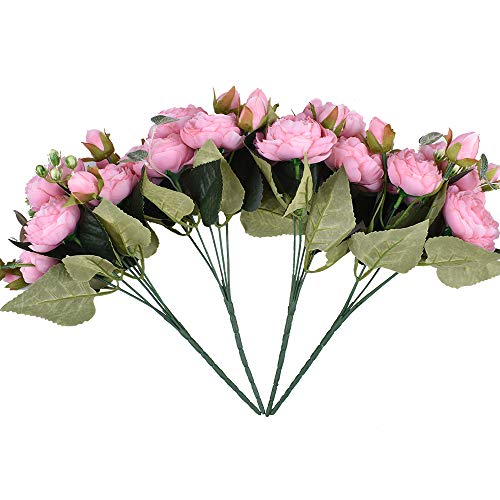 XONOR 4 Ramos de Flores de Seda de peonía Artificial Falsa Flor Gloriosa para el Banquete de Boda Nupcial decoración del hogar, 5 Tenedores, 9 Cabeza