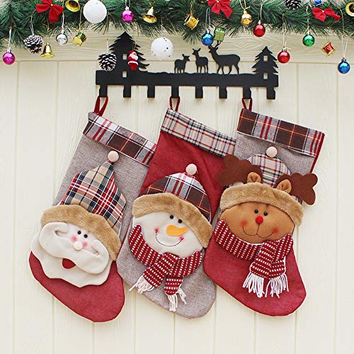 XONOR Calcetín de Navidad, 3 Piezas 46 cm Papá Noel muñeco de nieve de reno Chimenea Medias de peluche Decoraciones navideñas 3D Suministros para fiestas (a cuadros)