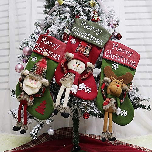 XONOR Calcetín de Navidad, tamaño Grande, 3 Piezas, 45,7 cm, diseño de Papá Noel, Reno, Chimenea Calcetines, Felpa 3D, para Decoraciones de Navidad, Suministros de Fiesta