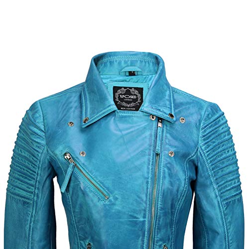 Xposed - Chaqueta motera ajustada para mujer, estilo vintage, de cuero auténtico suave, tallas XS a 6XL Azul Azul congelado. S