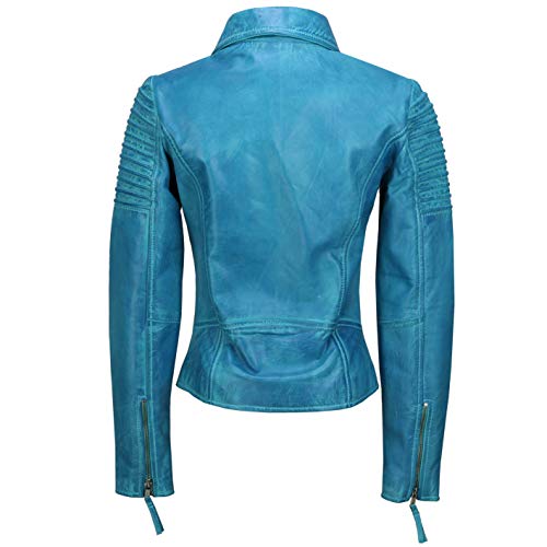 Xposed - Chaqueta motera ajustada para mujer, estilo vintage, de cuero auténtico suave, tallas XS a 6XL Azul Azul congelado. S