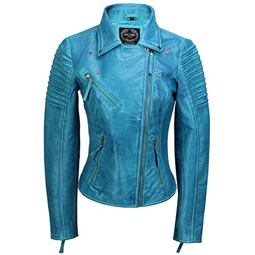 Xposed - Chaqueta motera ajustada para mujer, estilo vintage, de cuero auténtico suave, tallas XS a 6XL Azul Azul congelado. S