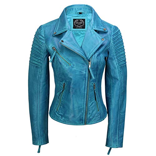 Xposed - Chaqueta motera ajustada para mujer, estilo vintage, de cuero auténtico suave, tallas XS a 6XL Azul Azul congelado. S