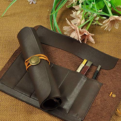 Xrten Bolsa de Rollo de Piel de Cuero PU Portátil con 5 Compartimentos para Cuchillo de Talla, Cinceles Herramientas ect