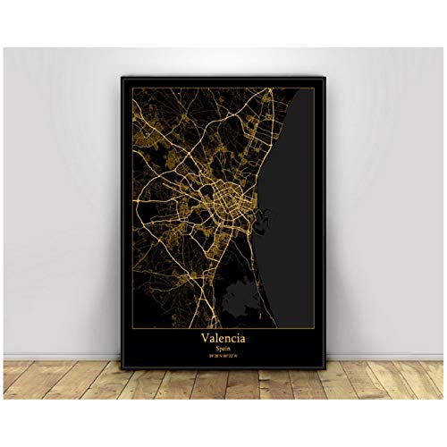 XuFan Valencia España mapas de la Ciudad Negros y Dorados Mapa de la Ciudad del Mundo Carteles Impresiones en Lienzo Estilo nórdico Arte de la Pared decoración del hogar-24x36 Pulgadas sin Marco