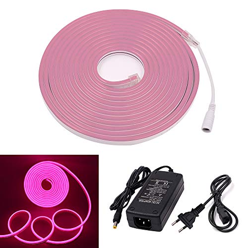 XUNATA Neon LED Strip - Tira de luces LED (5 m, 12 V, 2835, 120 ledes/m, resistente al agua, flexible, con fuente de alimentación de 5 A), rosa