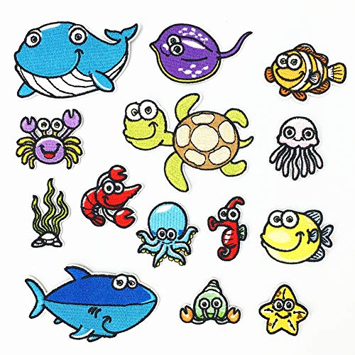 XUNHUI Mariner Parches de la serie de peces de tortuga de 14 piezas con diseño de animales de pulpo, cangrejo, estrella de mar, ballena