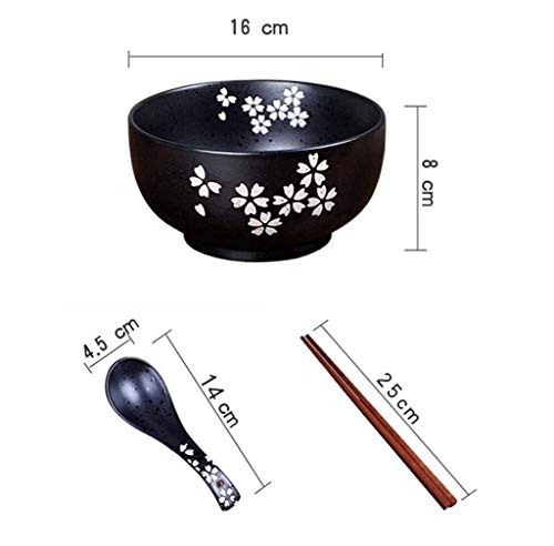 XXJ-Tazones Cuenco de Fideos instantáneos de cerámica Negra de Estilo japonés con Palillos de Cuchara de Tapa, tazón de cerámica, tazón Retro Cuenco de Sopa Cuenco de arroz, tazón Redondo Multiusos